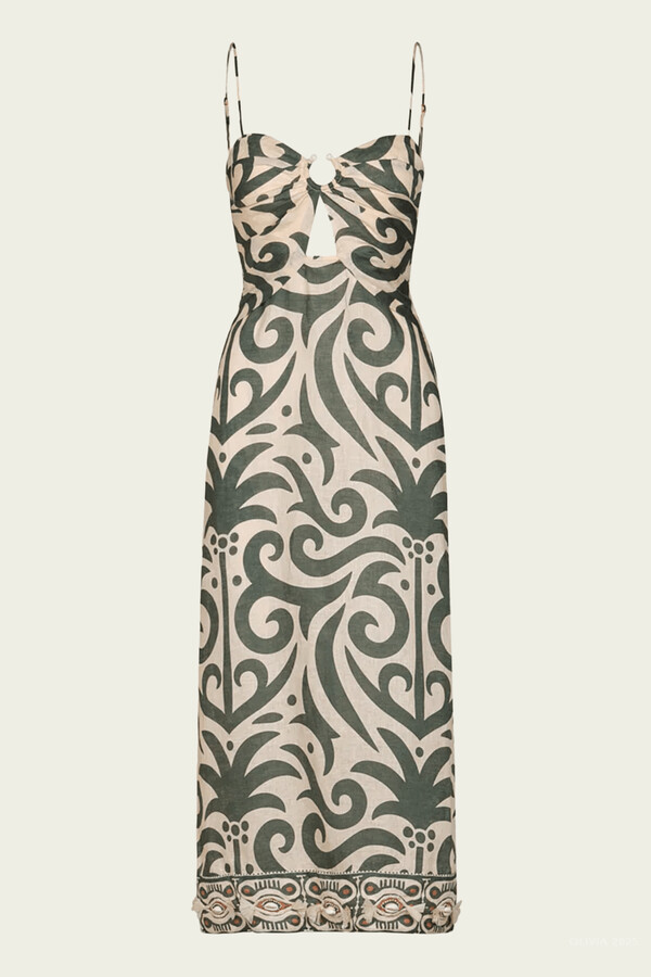 Johanna Ortiz Water Adventure Midi Dress in Ecru Green