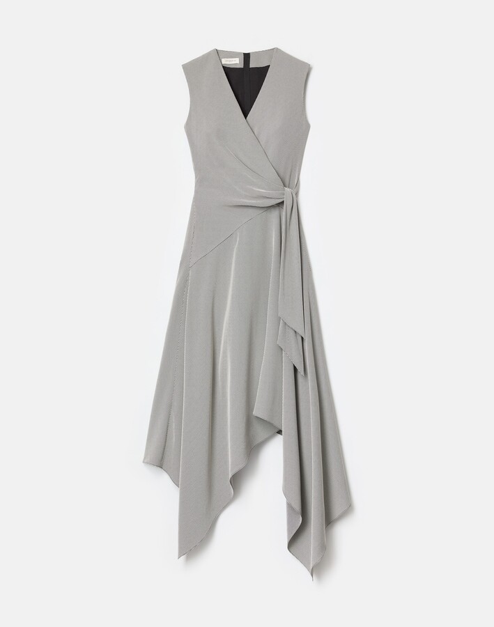 Fluid Houndstooth Jacquard Side Tie Handkerchief Midi Dress