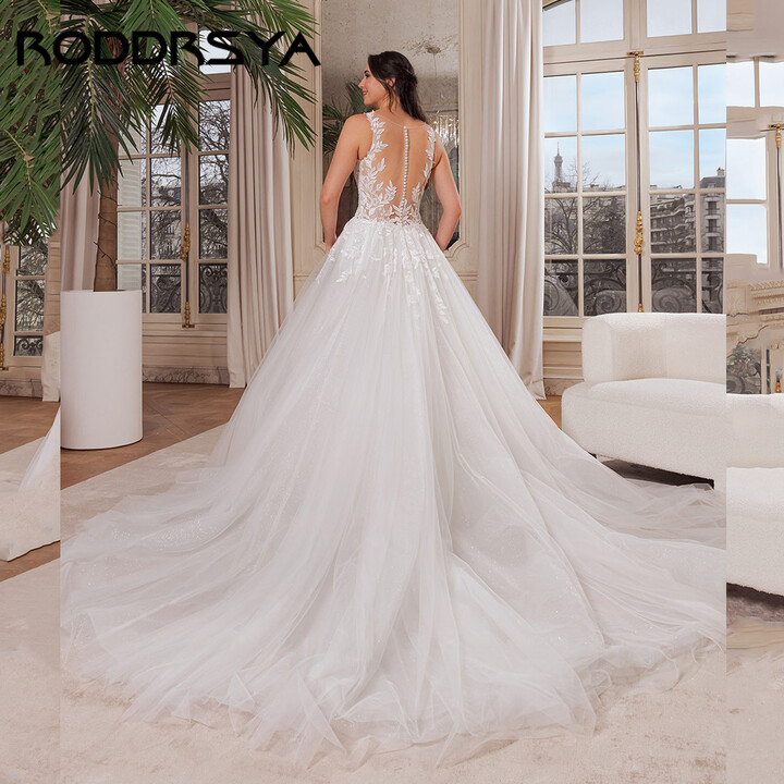 RODDRSYA Appliques Tulle Bridal Dress V-Neck A-Line Sleeveless Shiny Wedding Gown Backless Illusion vestidos de novia Customized