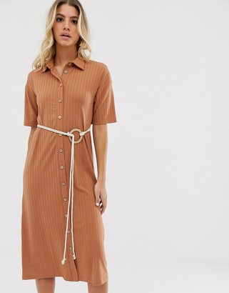 ASOS DESIGN midi button through shirt dress with rope belt