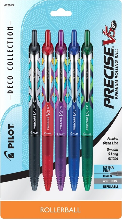 Pilot 5ct Precise V5 Art Deco Collection Rolling Ball Pens Extra Fine
