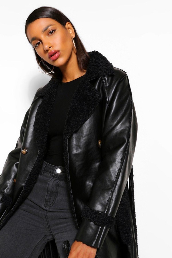 Boohoo Faux Leather Teddy Trim Trench, Fur Trim Leather Trench Coat
