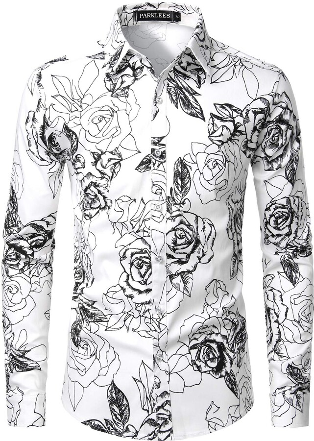 PARKLEES Men's Floral Printed Long Sleeve Button Down Party Casual Fancy Floral Shirts