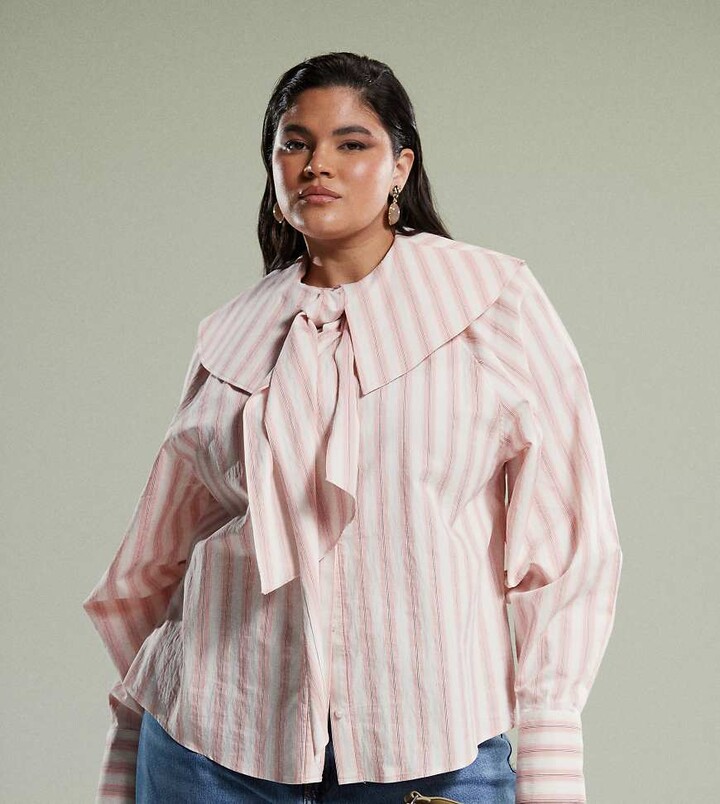 ASOS Curve ASOS DESIGN Curve shirt with large collar and tie detail in pink stripe