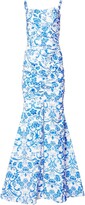 Floral-Print Ruched Trumpet Gown 
