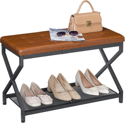 Shoe Bench, Shoe Rack Bench With PU Leather Cushion, Shoe Storage Organizer For Front Door Entrance, 2-Tier Entryway Bench For Small Space, Loads 300