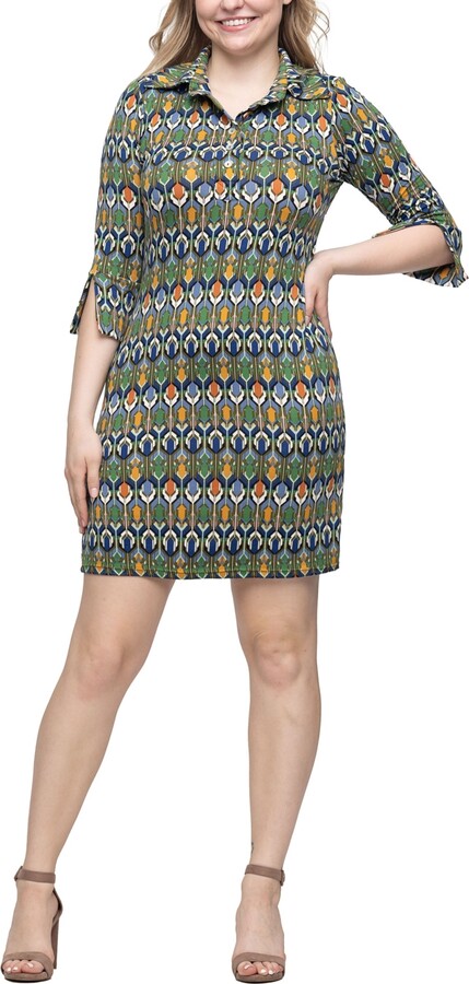 24seven Comfort Apparel Women's Green Print Three Quarter Sleeve Mini Dress