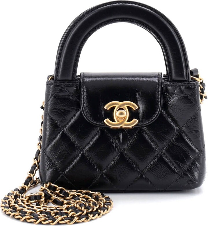 Chanel Kelly Top Handle Shopping Bag Quilted Shiny Aged Calfskin Nano