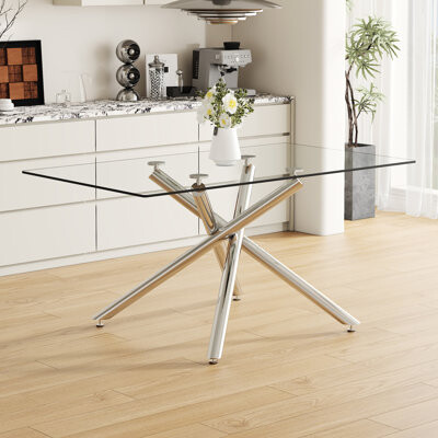 Wrought Studio Contemporary Glass Dining Table With Tempered Surface And Metal Frame Seating Up To 6 In Kitchen Modern Style Simple Elements Perfect For Family Gat