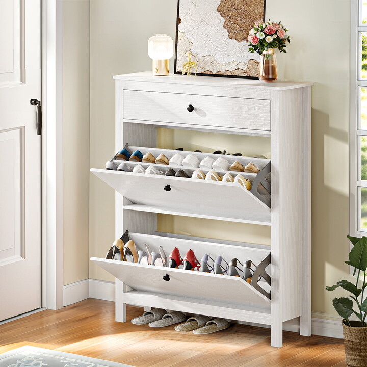 Dextrus Shoe Cabinet with 2 Flip Drawers and Open Shelf, Wood Shoe Rack 47.6" for Entryway, White