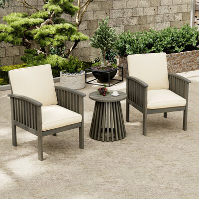 Ophelia & Co. 3 Pieces Patio Set Outdoor Acacia Wood Furniture Sets-2 Wood Chair With Cushions