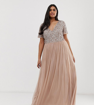 Maya Bridesmaid v neck maxi tulle dress with tonal delicate sequins in taupe blush