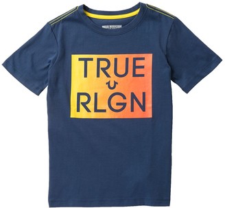 orange and blue true religion shirt