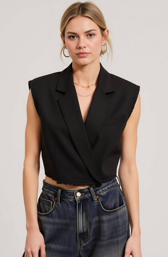 Modenaire Sleeveless Cropped Tailored Collar Raw Edge Hem Blazer Vest