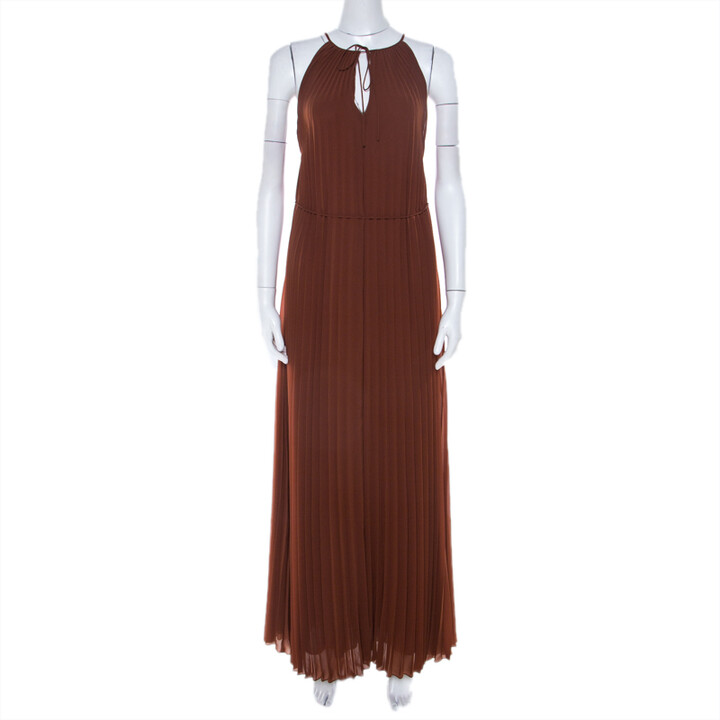 Elizabeth and James Cinnamon Brown Pleated Chiffon Cadence Maxi Dress S