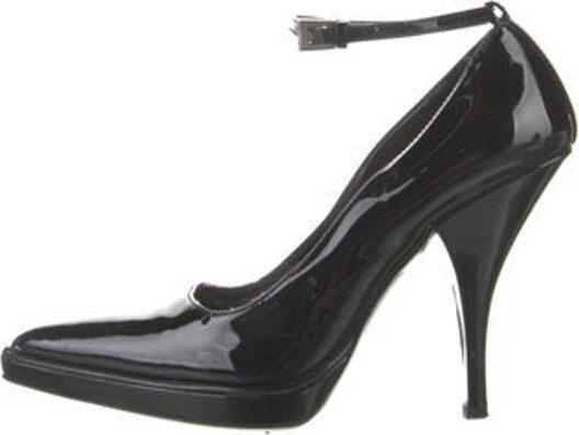 Prada Patent Leather Pumps Black Semi-Pointed Toes Platform Buckle Closure at Ankles Designer