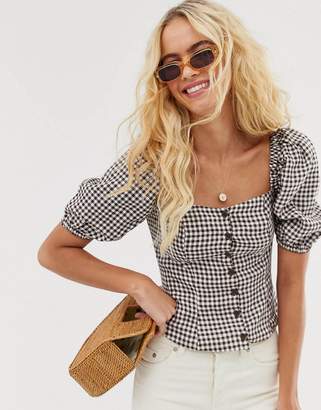 And other stories & linen puff sleeve top in brown gingham