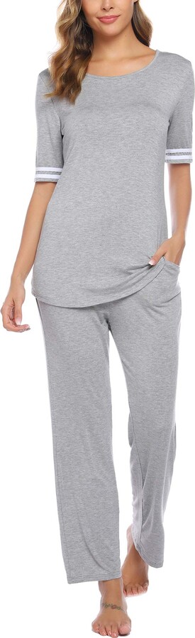 Sykooria Women's Pajamas Sets 2 Pieces Striped Short Sleeve Top and Pant  with Pockets Drawstring Ladies Jogging Lounge Sleepwear Nightwear Pjs Set  S-XXL Grey - ShopStyle