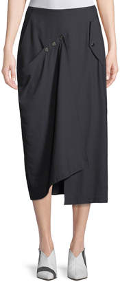 Tibi Washed Viscose Draped Midi Skirt with Snap Details