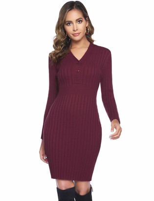 Hawiton Women's V Neck Button Chunky Cable Knitted Jumper Knitwear Tunic Sweater Dress Wine Red