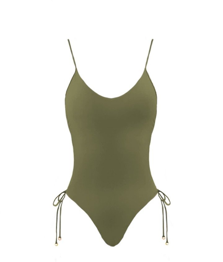 Solid Color One-Piece Swimsuit High Cut - Khaki - ShopStyle