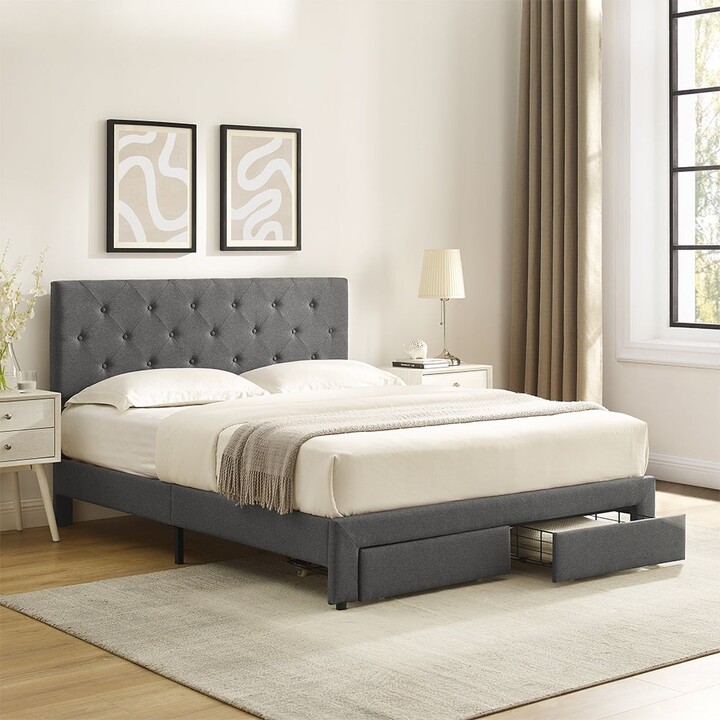Modern Storage Bed Linen Upholstered Platform Bed with 2 Drawers