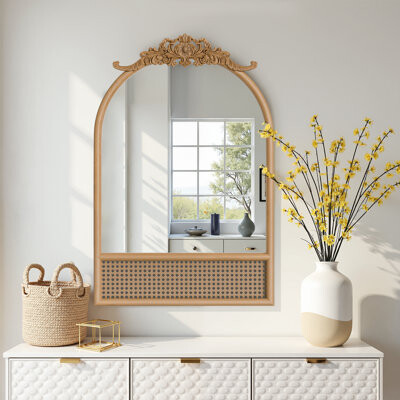 Ophelia & Co. Solid Wood Carved Rattan Woven Brown Framed Wall Mirror Right Angle Arched Mirror