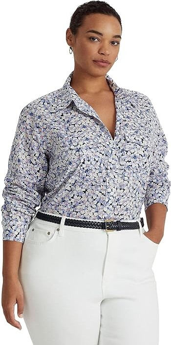 Lauren Ralph Lauren Plus Size Floral Cotton Voile Shirt (Blue/Cream/Pink)  Women's Clothing - ShopStyle