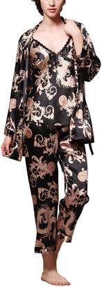 Dolamen Women’s Nighties Satin Pyjamas Set, Ladies Silky Nightwear Flower Printing Chemise Long