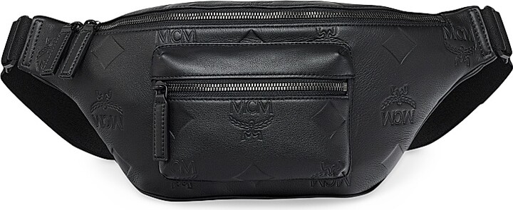 MCM Men's Medium Fursten Maxi Monogram Embossed Leather Belt Bag - Black