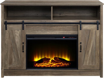 One Allium Way Rectangular Tv Stand With Rustic Oak Finish Fireplace, 2 Door Storages, Open Compartments, Sliding Barn Door, Kd Design, 15Mm Top Thickness, Plastic+G