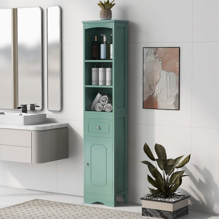 Gymax Bathroom Corner Floor Cabinet Tall Bathroom Storage Cabinet w/ Shelves