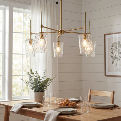 Ebern Designs 5-Light Modern Gold Chandelier With Ripple Glass Shades Adjustable Height Pendant Light