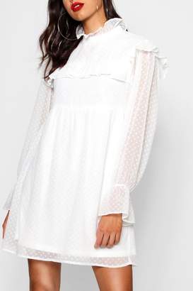 boohoo NEW Womens Tall Steph Spot Ruffle Smock Dress in Polyester