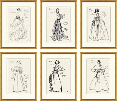 Soicher Marin Vintage Fashion Sketches - 6 Piece Single Picture Frame Drawing Print Set