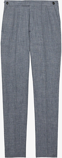 Reiss Mens Soft Blue Reef Slim-Fit Straight-Leg Checked Linen Trousers 38
