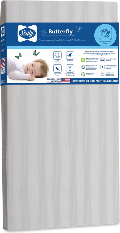 Sealy Butterfly Extra Firm Foam Baby Crib & Toddler Mattress with Waterproof Zip Cover, White