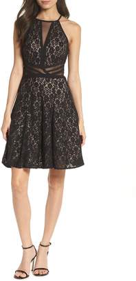 Morgan & Co. Sheer Inset Lace Fit & Flare Dress