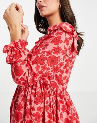 New Look Maternity frill detail mini dress in red floral print