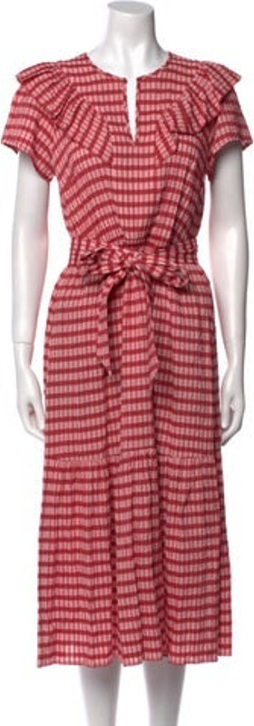 Cefinn A-Line Dress Red Plaid Print Ruffle & Bow Accents Short Sleeve with V-Neck Sash-Tie Closure at Front