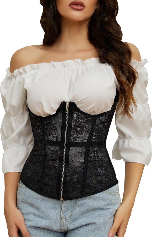 Women Sexy LaceBack Zip Hollow Out Corset Top Bustier Body Court Corset  Outfit Ideas for Women Body Shapes (Black, S) : : Fashion