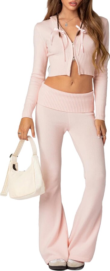 Livtany Women's Yoga Lounge Sets Short Sleeve Crop Top and Low Rise Foldover  Flare Pants Set Sexy Two Piece Outfits Tracksuit at  Women's Clothing  store