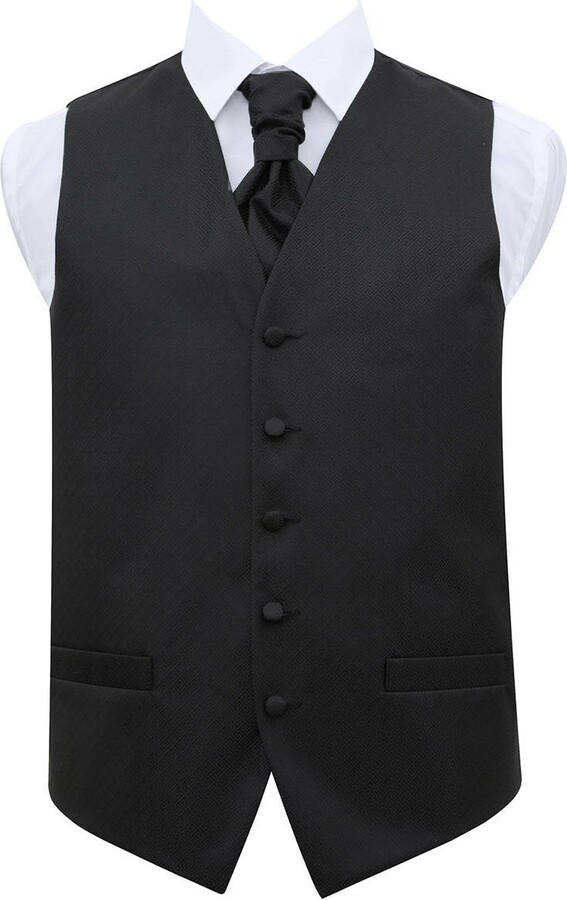 DQT Premium Woven Microfibre Greek Key Black Men's Wedding Waistcoat