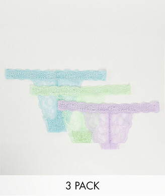 ASOS DESIGN 3 pack lace thong in green, lilac & blue