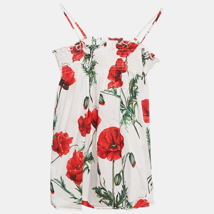 Dolce & Gabbana White Poppy Print Cotton Happy Garden Dress 5 Yrs