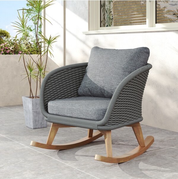 HBEZON 29.5-inchContemporaryWickerRockingChairwithPolyesterCushionsWoodenFrameGenerousSeatSmoothRockingMotionforIndoororOutdoor