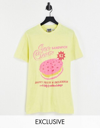 Reclaimed Vintage inspired relaxed t-shirt with retro ice cream print in yellow pique