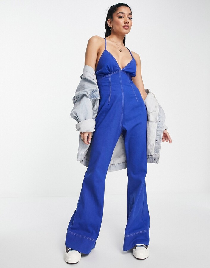 ASOS Twill Minimal Sleeveless Jumpsuit With Pockets in Blue Womens Clothing Jumpsuits and rompers Full-length jumpsuits and rompers 