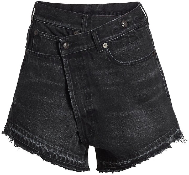 Crossover asymmetric distressed denim shorts