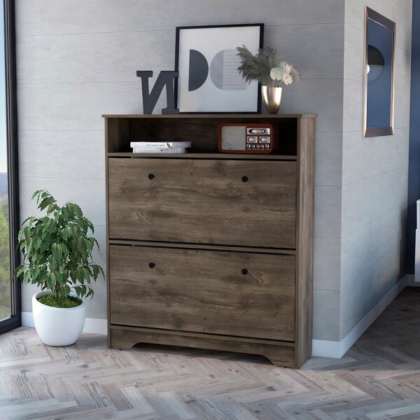 TIRAMISUBESTShoeCabinetforEntrywayShoeRackStorageOrganizerwith2-Shelves&SuperiorTopDarkBrown